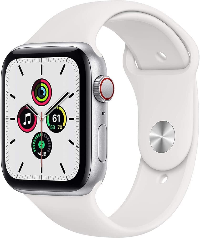 Apple Watch SE (44mm, GPS + Cellular) - Silver with White Sport Band (Renewed)